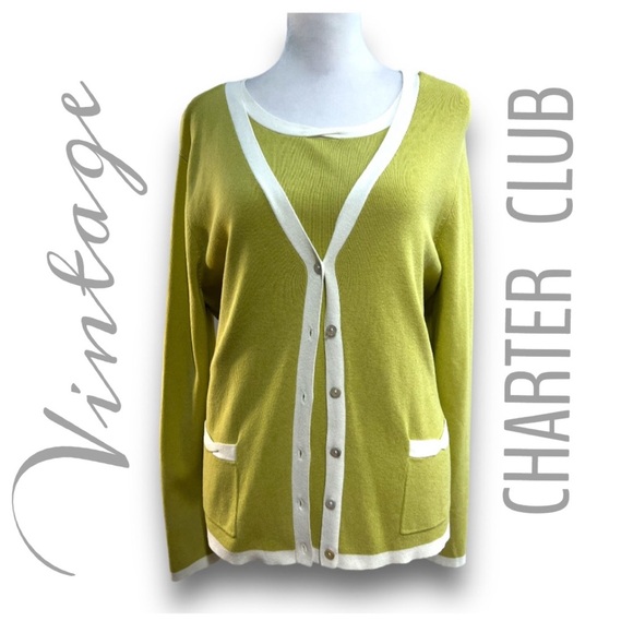 CHARTER CLUB Vintage Y2K Olive green white trim cardigan and tank top SZ L - Picture 15 of 16